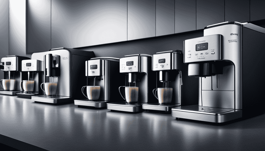 An image showcasing a variety of sleek, stainless steel coffee makers in a Costco store aisle, offering an enticing display of advanced features, including built-in grinders, digital controls, and thermal carafes