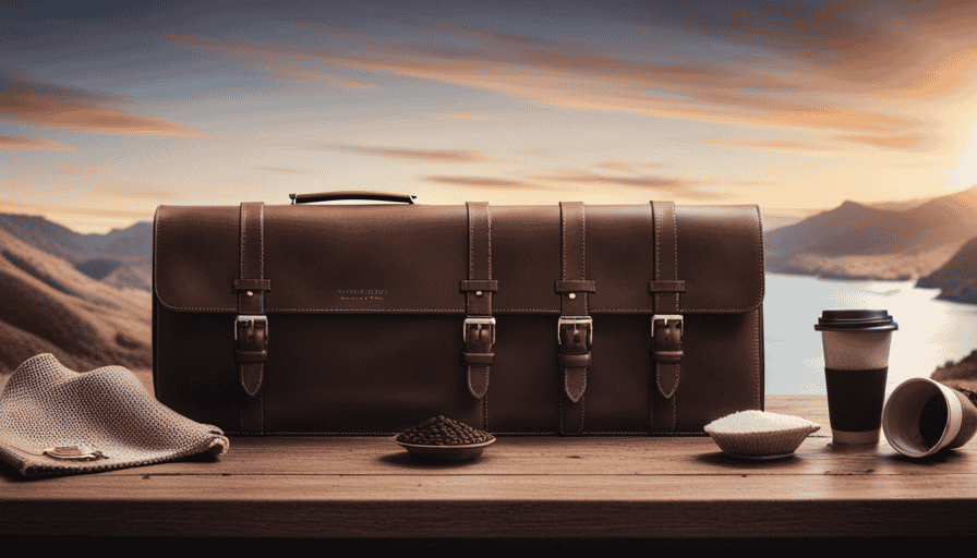 An image showcasing a compact, weathered leather travel bag unzipped to reveal an array of coffee essentials: a sleek portable grinder, an insulated metal flask, a stack of artisanal coffee filters, and a stylish ceramic mug