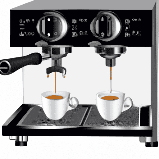 An image showcasing a sleek, stainless steel dual boiler espresso machine, with two separate boilers and precision temperature control