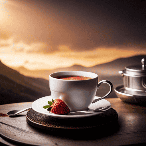 An image showcasing a steaming cup of English Breakfast tea, perfectly brewed to a rich amber hue