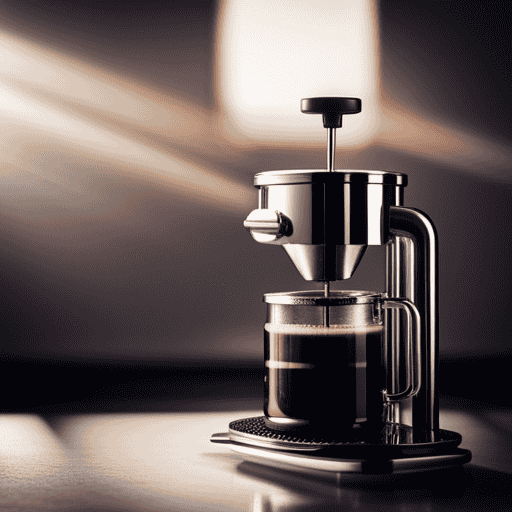 An image showcasing the step-by-step process of brewing coffee with a French press, capturing the gleaming stainless steel press, coarse coffee grounds, hot water being poured, and the rich, aromatic coffee being pressed and poured into a cup