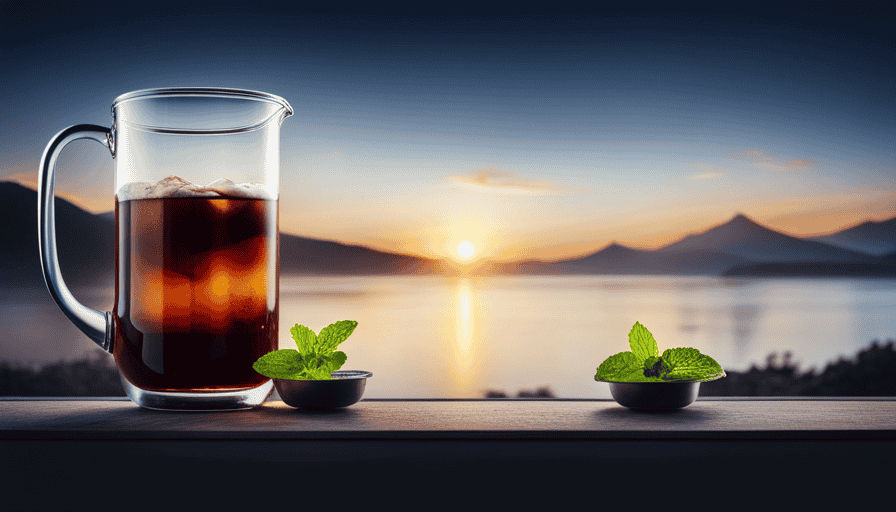 An image featuring a glass pitcher filled with freshly brewed cold brew coffee, adorned with ice cubes and a sprig of mint