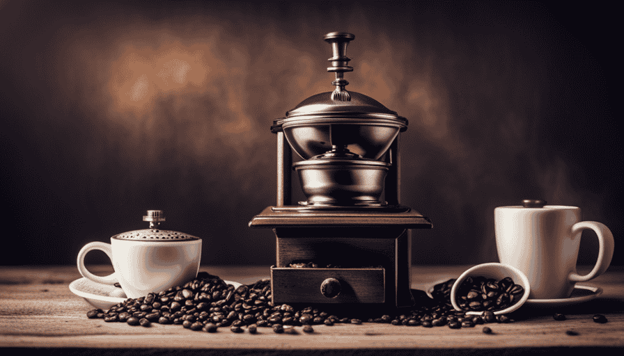 An image showcasing a beautifully crafted, hand-operated coffee grinder set on a rustic wooden tabletop