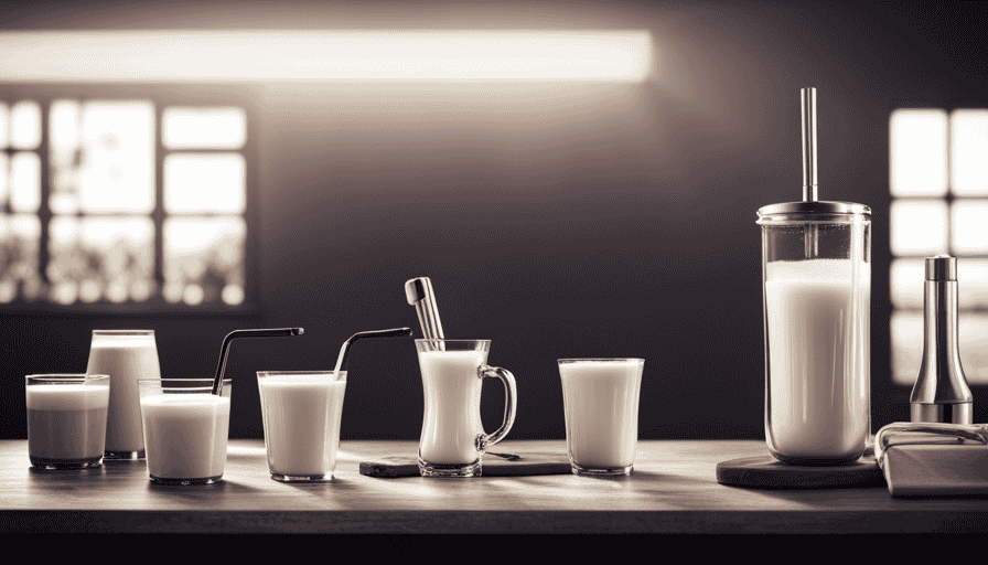 An image showcasing a variety of milk frothers, ranging from handheld to electric, with frothy milk swirling in each glass