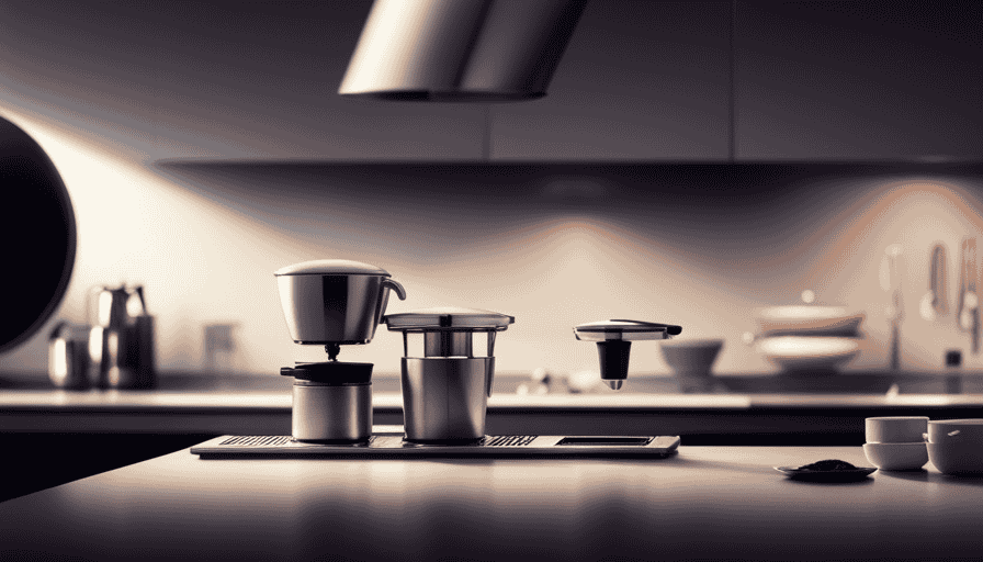 An image illustrating a sleek, futuristic kitchen countertop adorned with a modern, state-of-the-art single-serve coffee maker