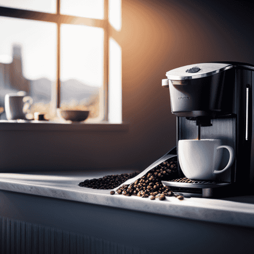 An image showcasing a cozy kitchen countertop adorned with a gleaming stainless steel coffee maker, surrounded by freshly ground coffee beans, a steaming cup of coffee, and an inviting morning sunlight streaming through a nearby window