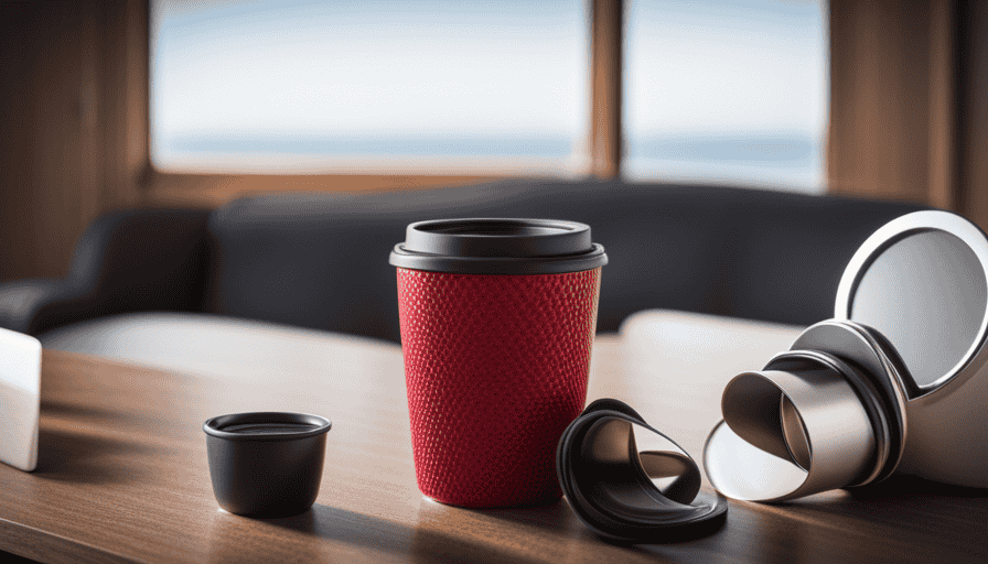 An image showcasing a diverse collection of travel mugs, ranging from sleek stainless steel designs to vibrant ceramic ones, all brimming with steaming coffee and adorned with unique handles and lids
