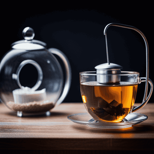 An image showcasing a variety of tea infusers in action: a stainless steel mesh infuser delicately steeping loose tea leaves, a silicone strainer floating in a cup, and a teapot adorned with a glass teaball infuser