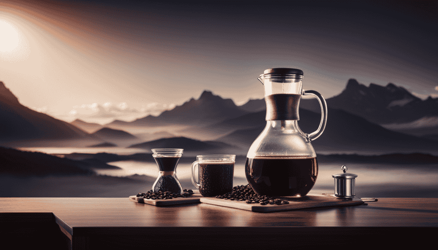 An image showcasing a sleek Toddy Cold Brew System: a glass carafe filled with dark, aromatic cold brew, accompanied by a stack of filters, a timer set to 12 hours, and a jar of coffee beans