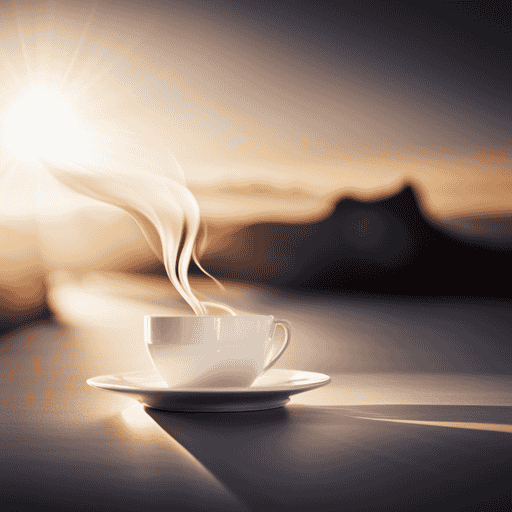 the ethereal beauty of white coffee with a mesmerizing image: a delicate porcelain cup filled to the brim with a creamy, pale brew, gracefully swirling and releasing aromatic wisps that dance in the morning sunlight