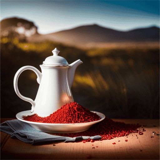 An image capturing a steaming cup of ruby-red Rooibos tea, delicately brewed in a vintage porcelain teapot