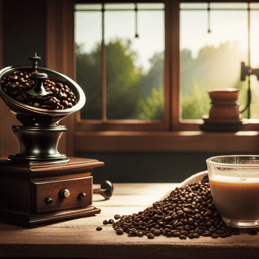 An image showcasing a rustic wooden table adorned with an elegant, handcrafted ceramic cup filled with rich, amber-hued fermented coffee