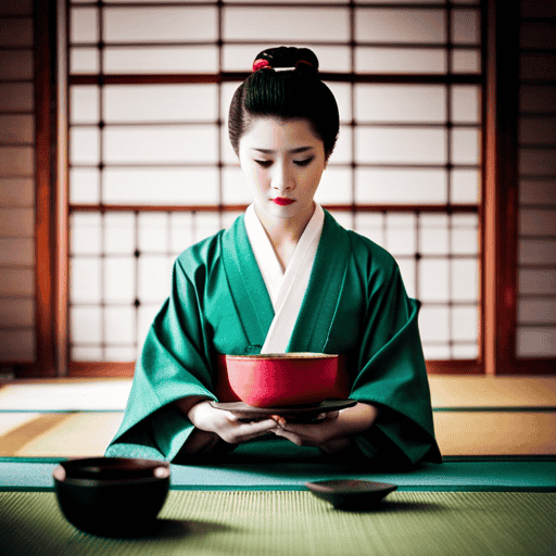 An image showcasing a traditional Japanese tea ceremony: a graceful geisha, dressed in an elegant kimono, gracefully pouring vibrant green Sencha tea into delicate porcelain cups on a tranquil tatami mat