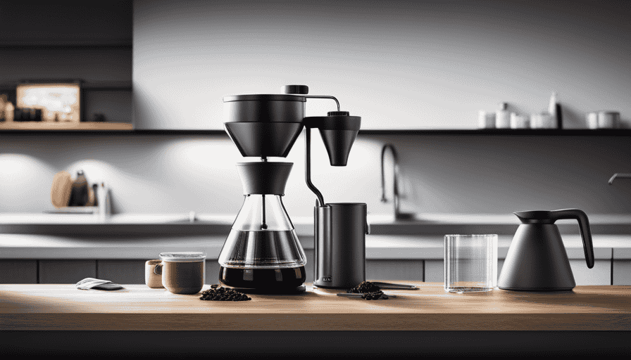 An image showcasing the sleek and modern design of the Hario Switch coffee brewer, capturing its stainless steel body with a transparent glass carafe, and highlighting its innovative flip switch mechanism for effortless brewing