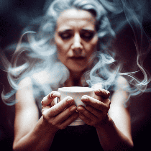 An image capturing the eerie scene of a woman in distress, clutching a teacup with trembling hands, as wisps of toxic fumes escape from a steaming herbal tea, surrounded by shattered porcelain