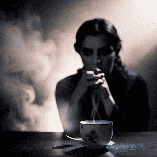An image capturing the haunting scene of a woman, pale and trembling, clutching a porcelain teacup