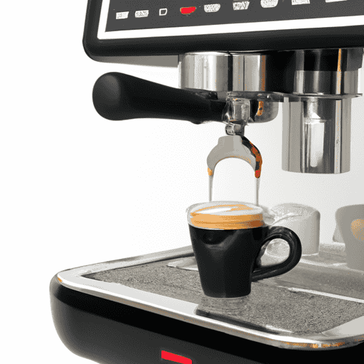 An image showcasing a sleek, state-of-the-art espresso machine with a vibrant touch screen display