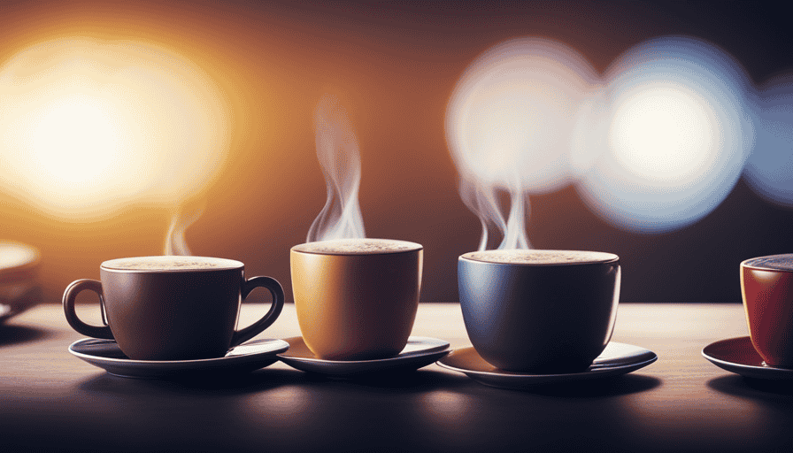 An image showcasing a variety of coffee cups with steaming, richly colored brews in vibrant, earthy tones