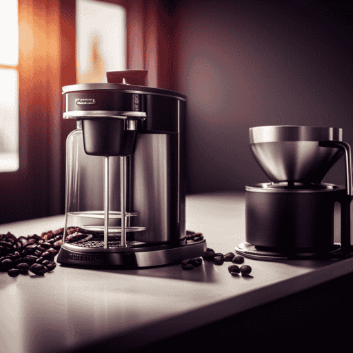An image showcasing an inviting kitchen countertop, adorned with an assortment of sleek, compact coffee makers in vibrant colors, steaming cups of aromatic coffee, and a scattering of fresh coffee beans