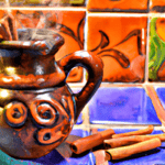 An image that showcases the true essence of traditional Mexican coffee: a steaming clay pot filled with rich, aromatic Café de Olla, adorned with cinnamon sticks and orange peel, against a backdrop of vibrant, colorful Mexican tiles