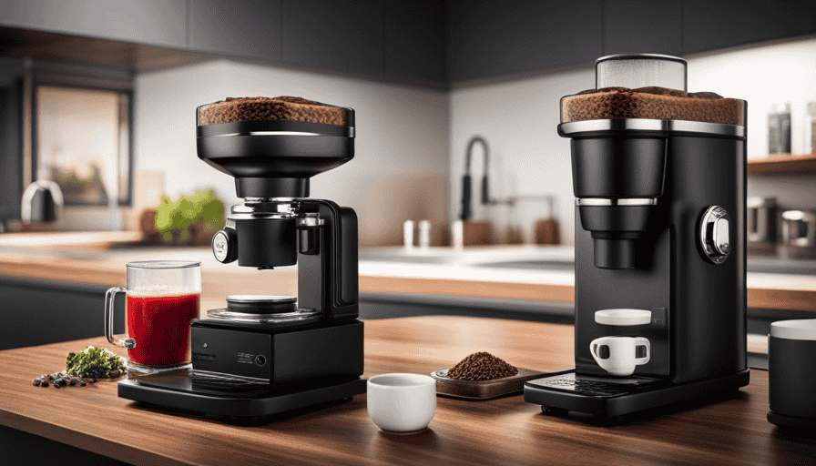 An image showcasing the sleek Turin Df64 grinder, its matte black body contrasting with the vibrant red hopper, positioned on a clean kitchen countertop