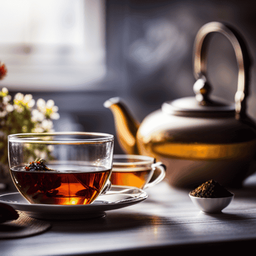 An image capturing the essence of a cozy tea corner, adorned with a variety of exquisite tea blends showcased in elegant glass jars, accompanied by delicate porcelain teacups, and a beautifully arranged tea set
