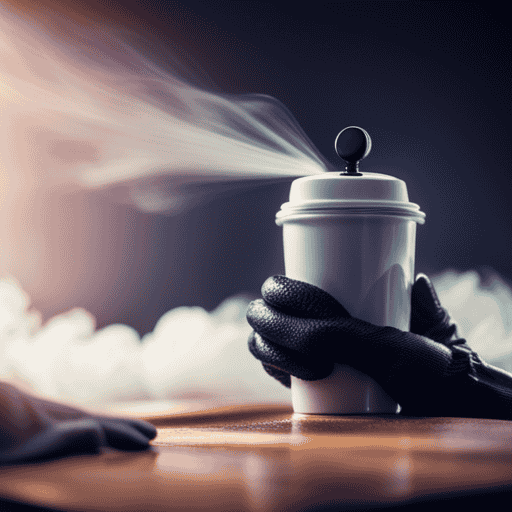 An image showcasing a sparkling coffee thermos being thoroughly cleaned: a pair of gloved hands gently scrubbing the interior with a sponge, while steam rises from hot, soapy water in a sink