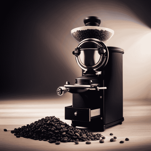 An image showcasing a sleek, matte black Eureka coffee grinder, adorned with precision dials and a large hopper filled with aromatic coffee beans