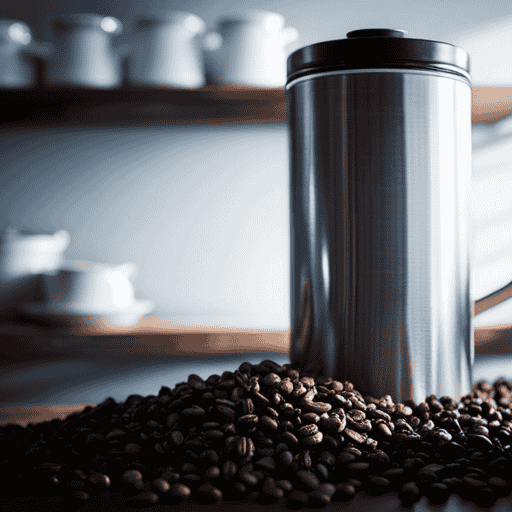 An image showcasing a spotless, airtight stainless steel coffee storage container, nestled among lush green coffee beans, emitting faint wisps of aromatic steam against a backdrop of rustic wooden shelves and soft morning light