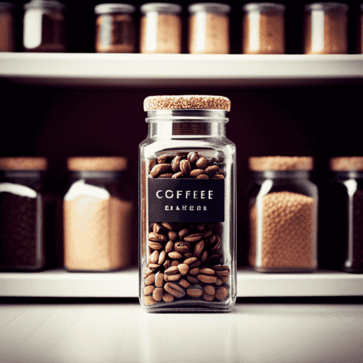 An image showcasing a well-organized pantry with airtight glass jars filled with freshly roasted coffee beans, neatly labeled and stacked on shelves