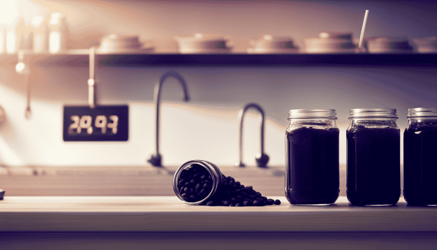 An image showcasing a refrigerator shelf filled with tightly sealed glass jars of cold brew concentrate, surrounded by fresh coffee beans, a thermometer indicating optimal temperature, and a calendar highlighting the date of preparation