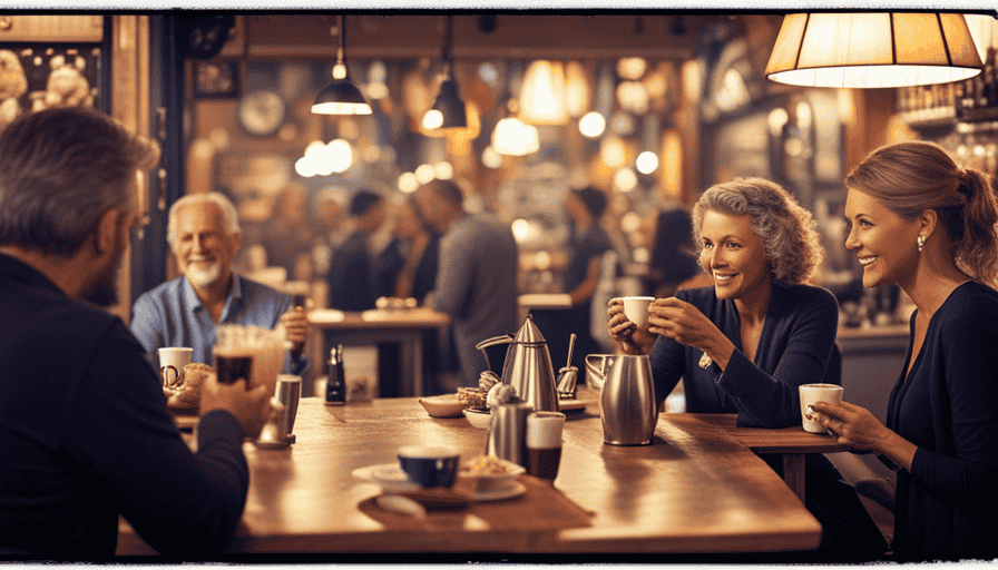An image showcasing a bustling coffee shop adorned with vibrant Black Friday and Cyber Monday banners, with customers eagerly sipping aromatic cups of coffee while enjoying irresistible deals on a variety of UK's finest brews
