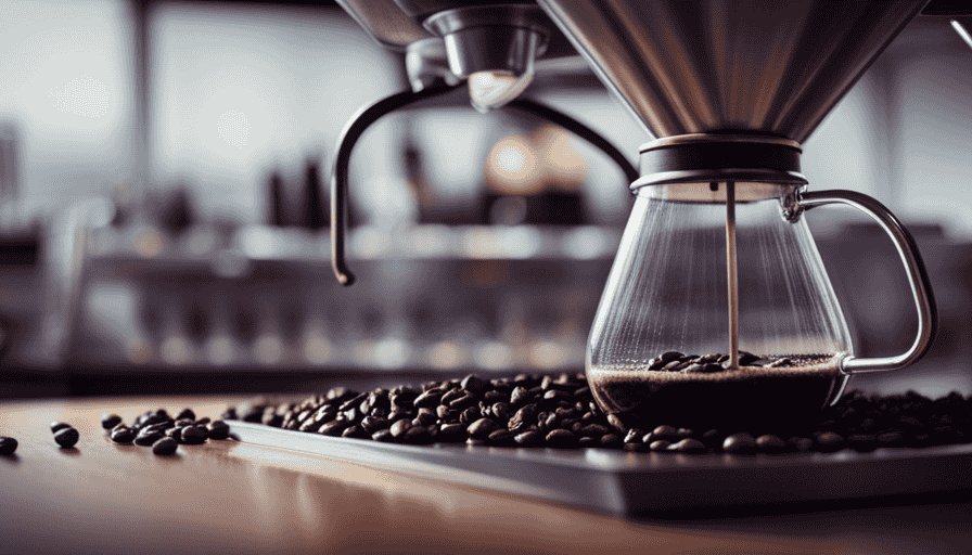 An image showcasing a sleek, minimalist pour over coffee stand made of brushed stainless steel, with a wooden base and a glass brewing chamber, surrounded by vibrant, freshly roasted coffee beans