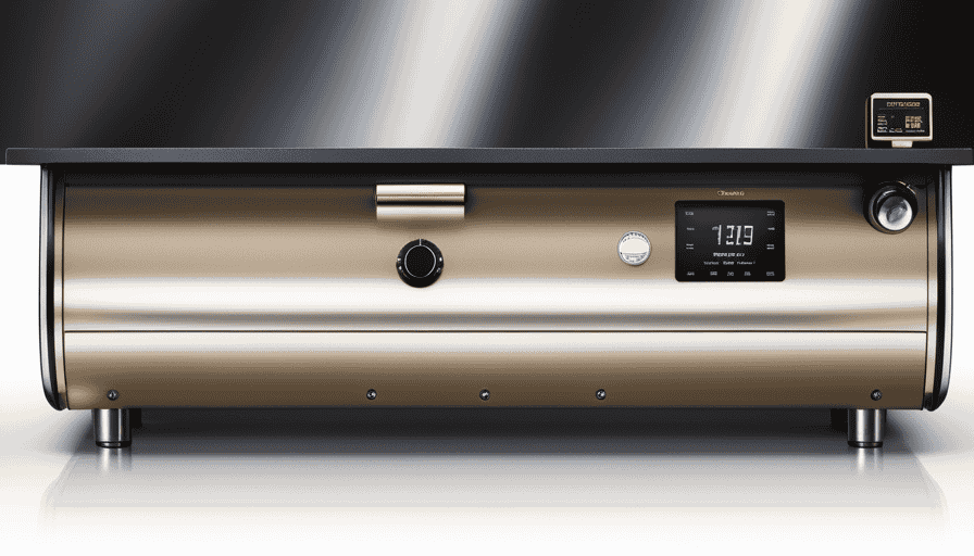 An image showcasing the sleek, stainless steel exterior of the Fresh Roast SR540 coffee roaster