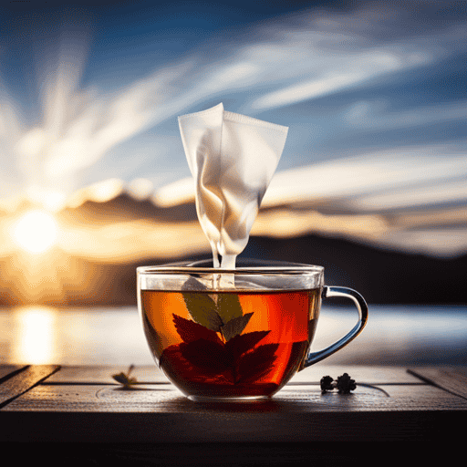 An image featuring a steaming cup of Bigelow Herbal Tea, with a tea bag submerged in precisely measured water, showcasing the perfect brewing technique