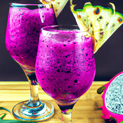 An image featuring a tall, clear glass filled with a vibrant, magenta-colored dragon fruit beverage