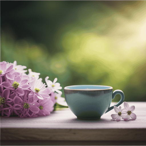 An image showcasing a serene, sunlit garden with a delicate teacup filled with elder flower tea
