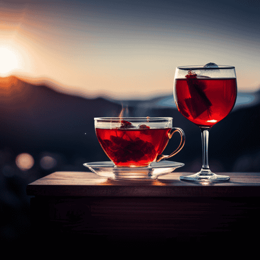 An image showcasing a delicate porcelain teacup filled with aromatic herbal tea, accompanied by a crystal-clear glass filled with a vibrant, ruby-red cocktail