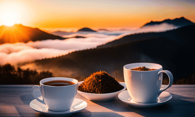An image showcasing the diverse world of tea through vibrant visuals: a sunrise-hued cup of Darjeeling, a lush Assam tea garden with misty mountains, and a vibrant red Rooibos bush in South Africa's arid landscape