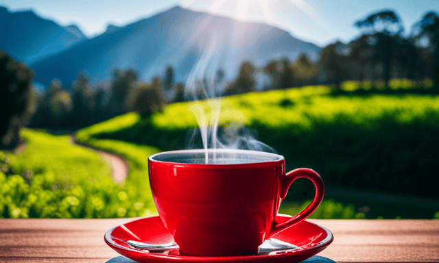 An image showcasing the vibrant red hue of a steaming cup of Rooibos tea, surrounded by a serene backdrop of lush, sun-kissed mountains and a picturesque tea plantation, evoking a sense of calm and tranquility