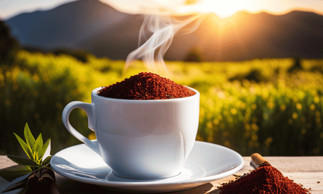 An image showcasing a steaming cup of vibrant red Rooibos tea, surrounded by a lush, sun-kissed South African landscape