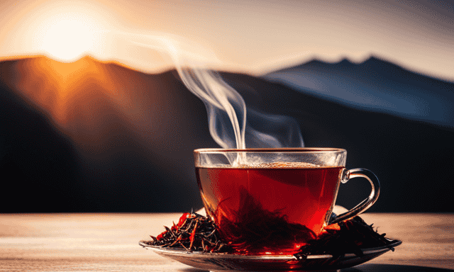 An image showcasing a warm, inviting mug filled with vibrant, red Rooibos tea