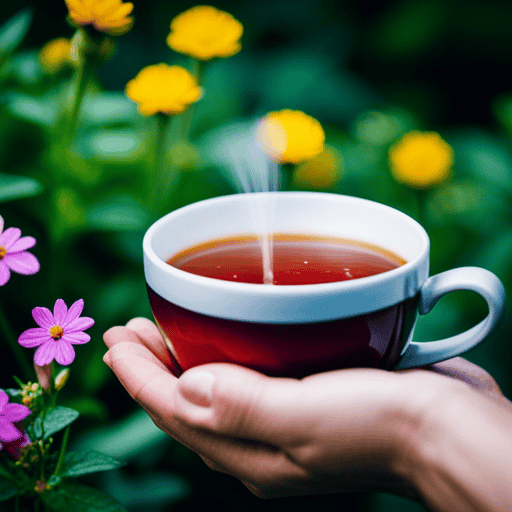 An image depicting a serene scene of a person enjoying non-caffeine herbal detox tea, surrounded by vibrant greenery and flowers
