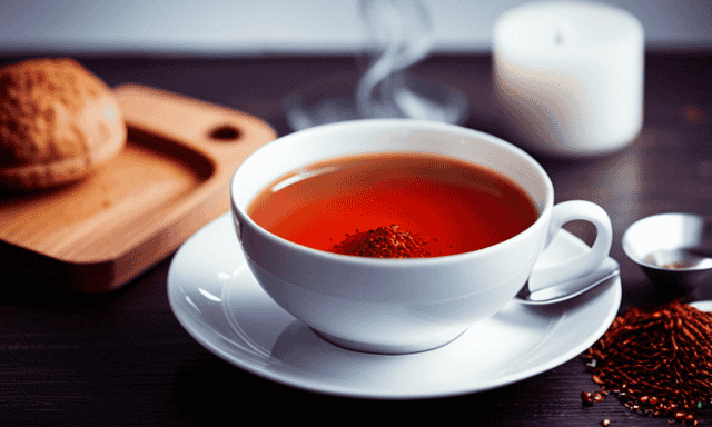 An image depicting a serene cup of Rooibos tea, accompanied by a diverse range of physical symptoms such as rashes, headaches, and upset stomachs, symbolizing the potential side effects