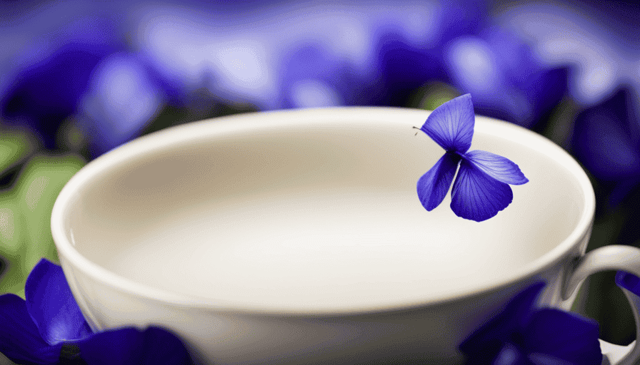 An image showcasing a serene teacup filled with vibrant blue Butterfly Pea Flower Tea, surrounded by delicate petals of the flower