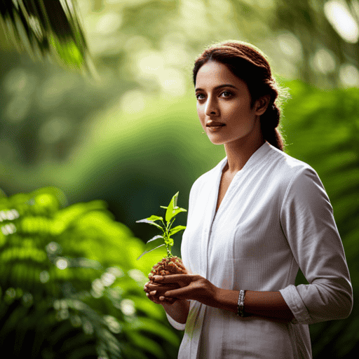 An image that showcases a serene, vibrant garden filled with blooming neem and turmeric plants, radiating health and vitality