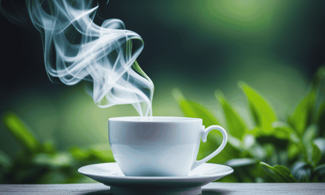 An image showcasing a serene setting with a cup of steaming Oolong tea, surrounded by lush green tea leaves