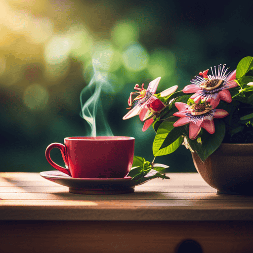 An image showcasing a serene setting in a cozy corner of a garden, with a cup of steaming passion flower tea on a wooden table, surrounded by vibrant passion flower vines in full bloom