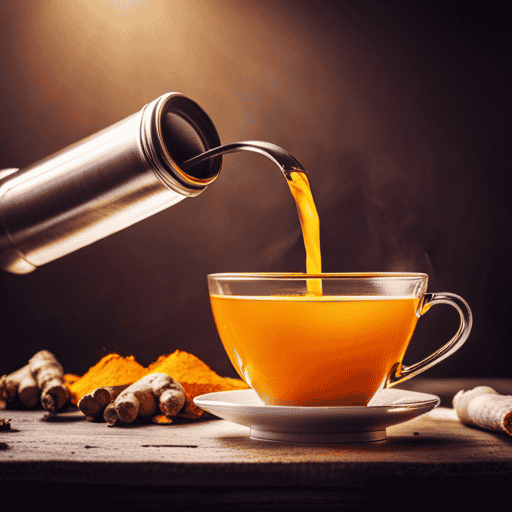 An image showcasing a vibrant cup of turmeric and ginger tea being poured from a teapot, steam rising gracefully, surrounded by fresh turmeric and ginger roots, showcasing the warm, golden hues