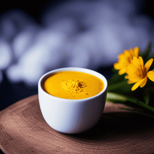 An image showcasing a serene morning scene with a steaming cup of golden turmeric latte placed on a wooden table surrounded by fresh turmeric roots and vibrant yellow flowers, evoking a sense of rejuvenation and natural healing